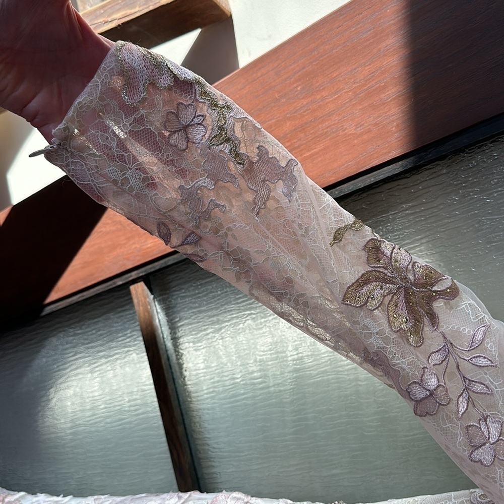 Mac Duggal Lace Embroidered Maxi Gown in Blush and Gold.  Mother of the Bride - Picture 13 of 13